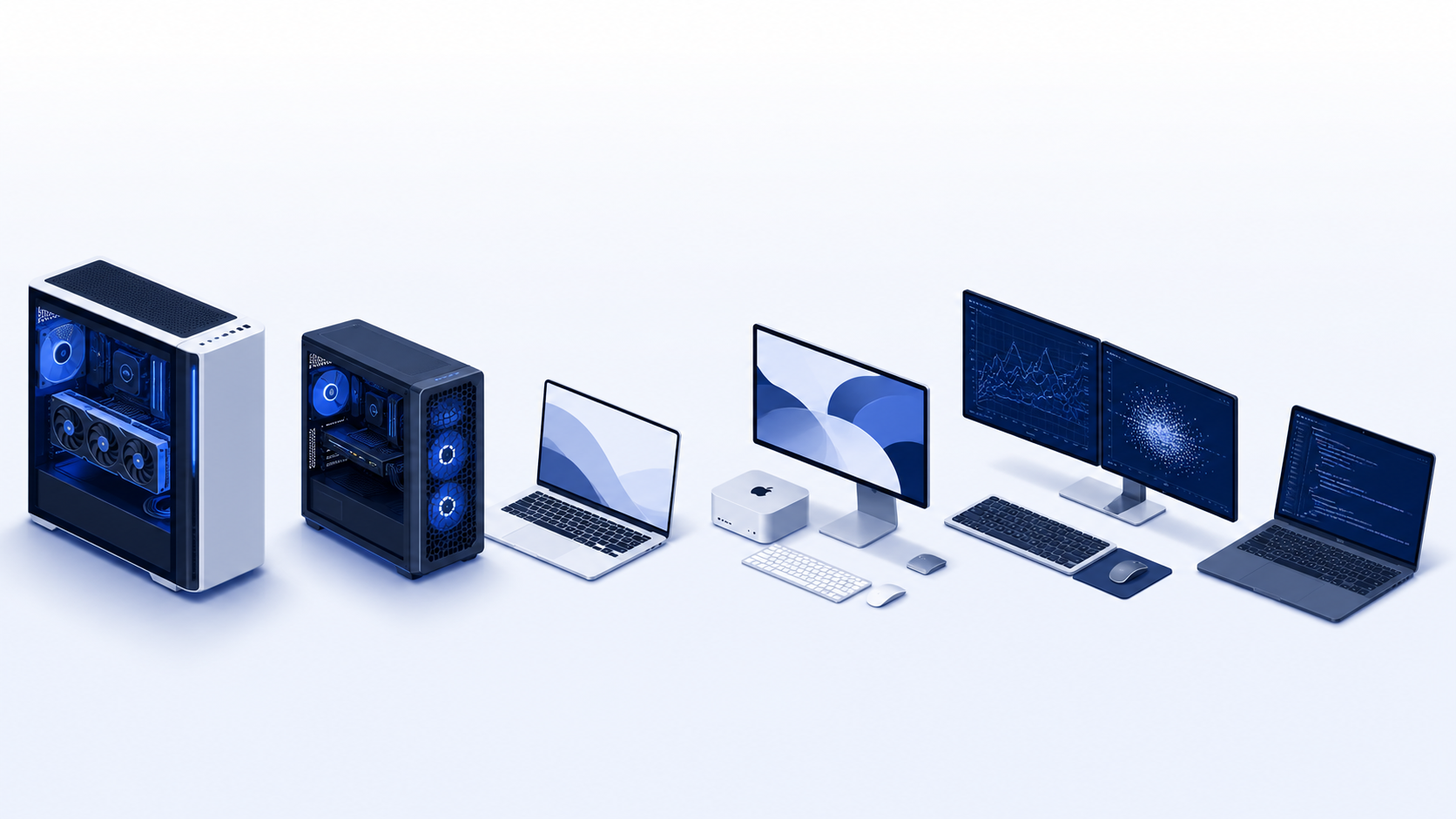 AI開発機・ゲーミング・ノートPC・Mac Studio・ワークステーション・ラップトップが並ぶイラスト