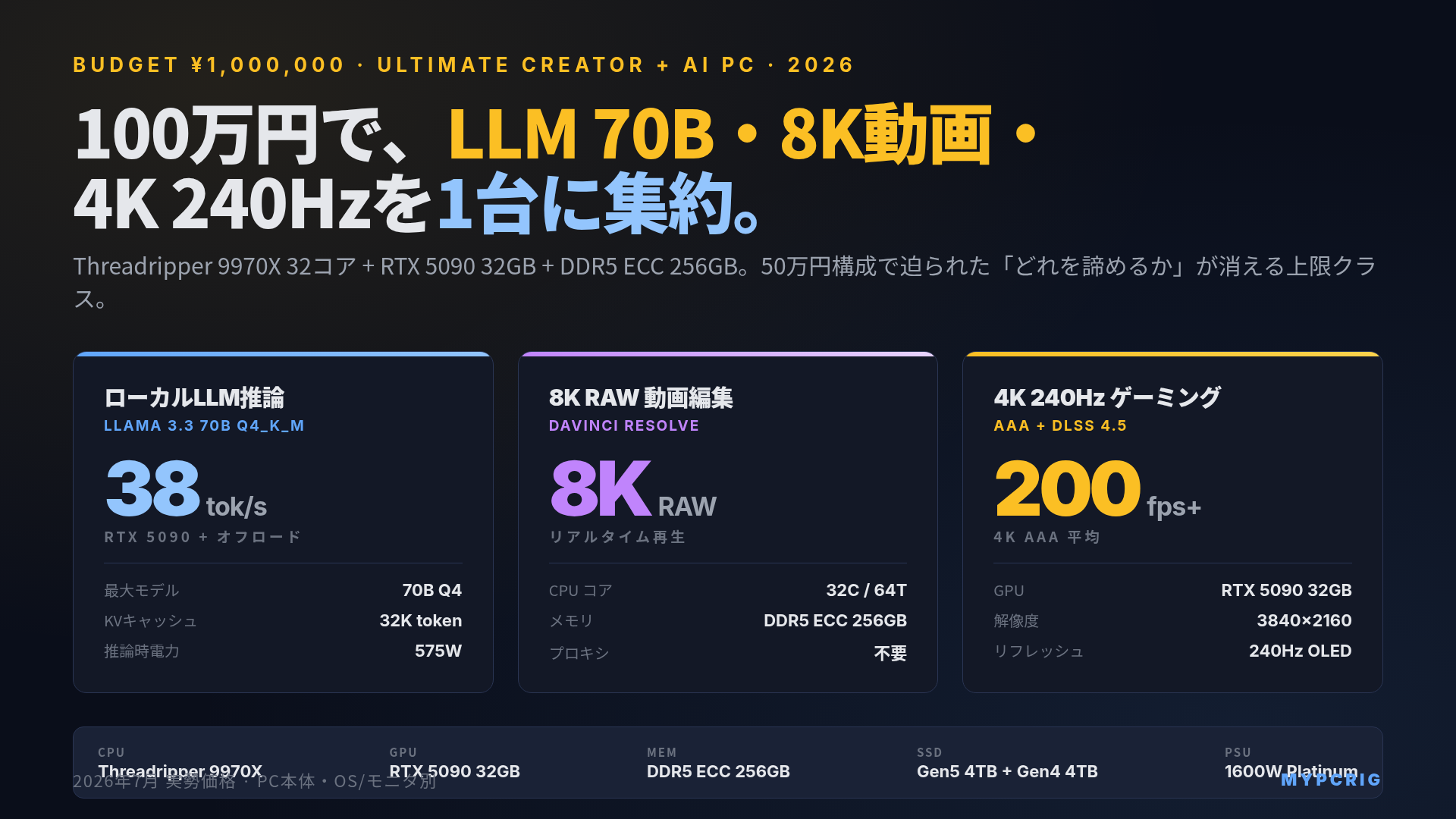 予算100万円で組む究極のクリエイター＋AI開発PC 2026：Threadripper 9970X + RTX 5090 で1台に集約