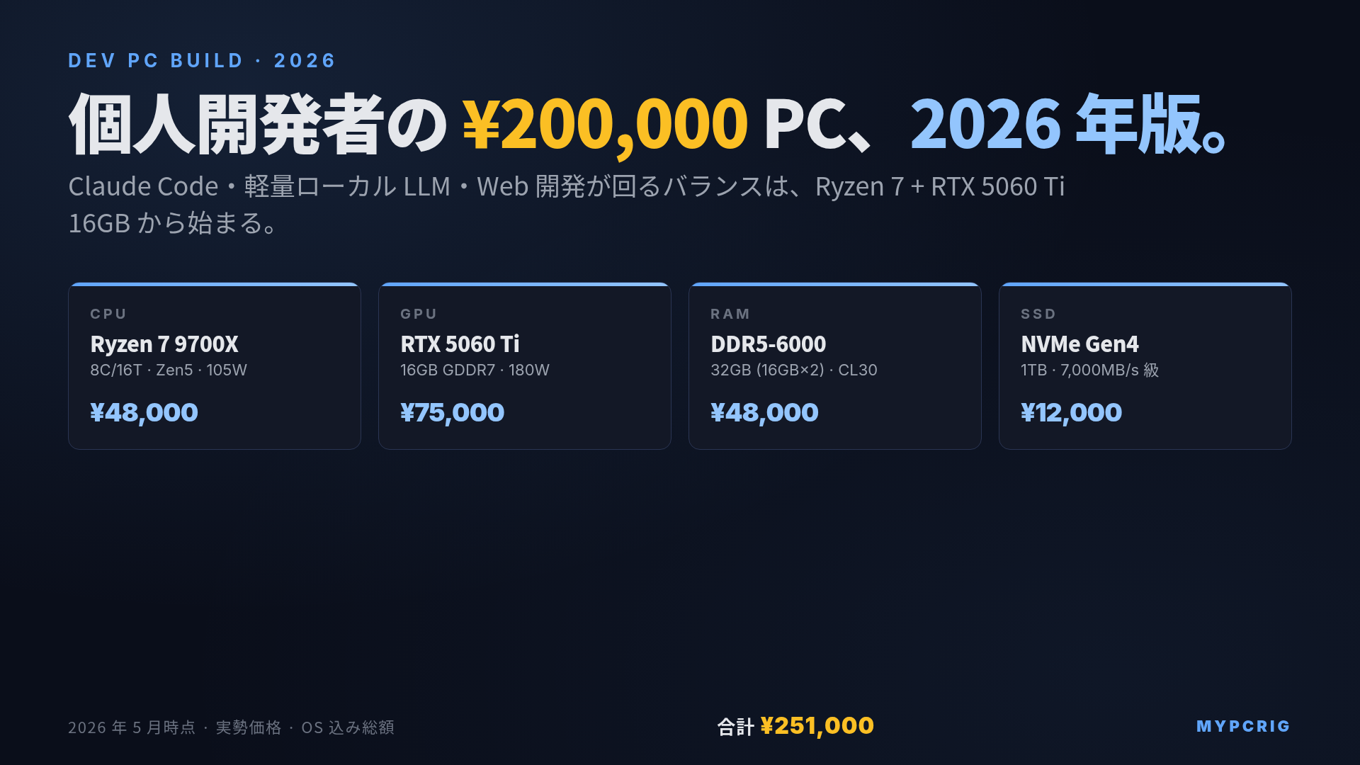 個人開発者向け 20万円PC 2026:Ryzen 7 9700X + RTX 5060 Ti / 5070 で組む現実的な構成