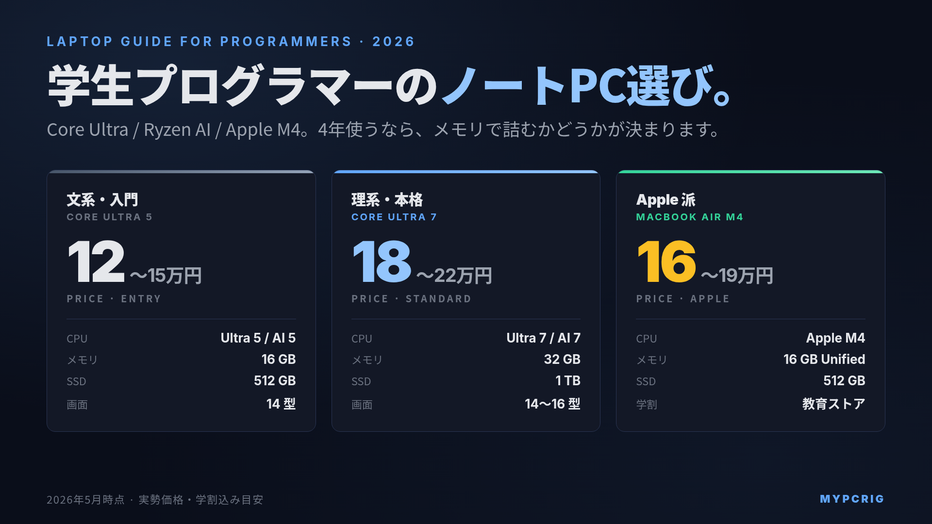 プログラミング学習向けノートPCの選び方 2026:Core Ultra / Ryzen AI / Apple Silicon の3軸比較とメモリ・CPU・SSDの判断ポイント