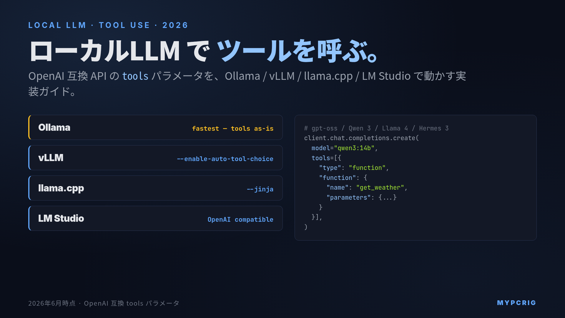 ローカルLLM Function Calling / Tool Use 実装ガイド 2026年版:gpt-oss / Qwen 3 / Llama 4 でツール呼び出しを動かす OpenAI 互換 API 構成
